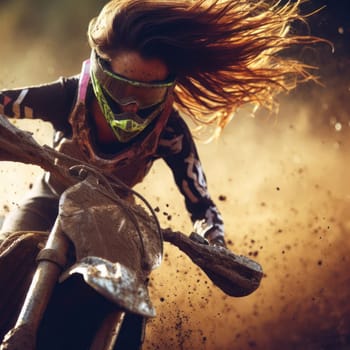 action closeup of motocross rider on track with mud spraying generative ai