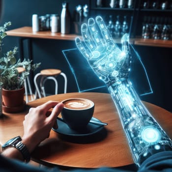 person with futuristic holographic prosthetic robot arm in a cafe generative ai