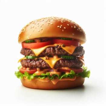 perfect double beef and cheese burger on white background generative ai