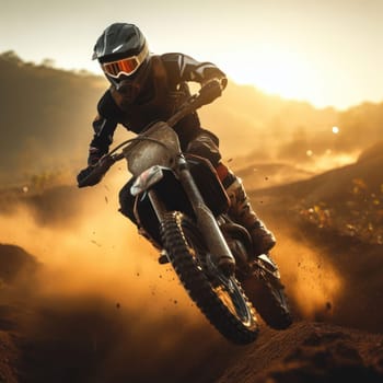 motocross dirt bike racer jumping and getting in the air on the track generative ai
