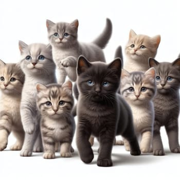 large group of assorted cute kittens on white background generative ai