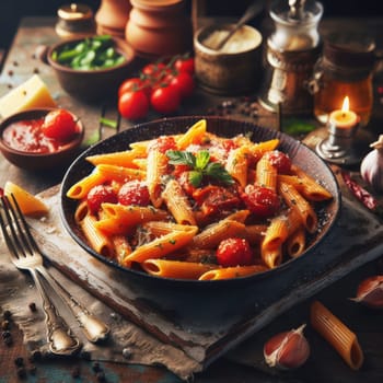 delicious traditional italian penne all arrabbiata on a rustic table generative ai