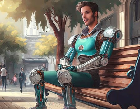 illustration of partly robotic person sitting on a park bench generative ai