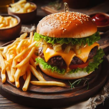delicious perfect burger served with fries on a wooden board in a rustic cafe generative ai
