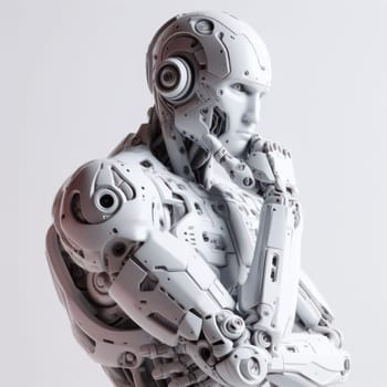 futuristic humanoid artificial intelligence robot stops and is thinking on white generative ai