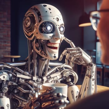 humanoid android robot sitting in a cafe drinking coffee and talking happily to a person generative ai