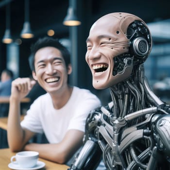 person and a humanoid robot talking and laughing together in a cafe or restaurant generative ai