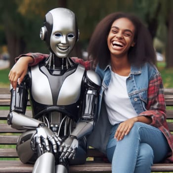person and humanoid robot laughing and talking together on a park bench generative ai