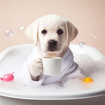puppy dog relaxing in the bubble bath with a cup of tea generative ai