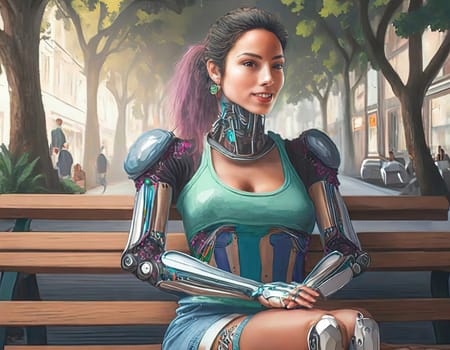 illustration of partly robotic person sitting on a park bench generative ai