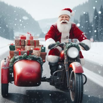 happy santa or father christmas on a red motorbike with presents generative ai