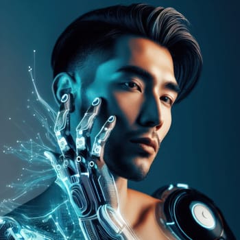 advertising or fashion style illustration of a person with futuristic robotic cybernetic enhancements generative ai