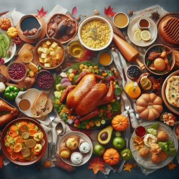 illustration of top down view of laden table full of food for christmas or thanksgiving dinner generative ai