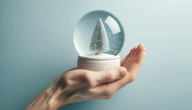 Hand presenting a snow globe with a snow covered pine tree. Created using AI Generated technology and image editing software.