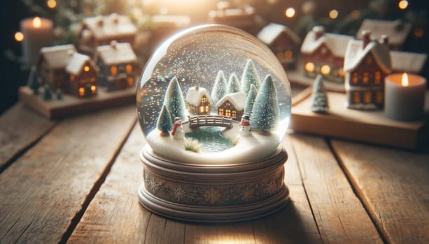 Wooden table featuring a snow globe with a winter village inside. Created using AI generated technology and image editing software.