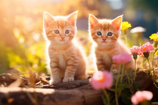 Couple of cute fluffy kittens in a summer meadow full of flowers. AI generated