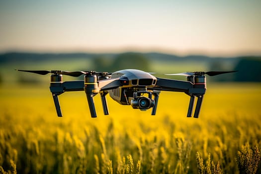 Flying drone above the farmland field. Drones allow farmers to monitor crop and livestock conditions from the air. AI generated