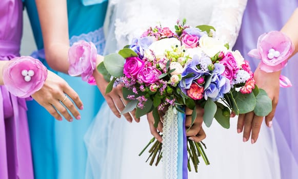 Close up of bride and bridesmaids bouquet.