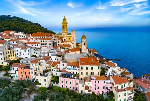 Aerial view of the village of Cervo on the Italian Riviera in the province of Imperia, Liguria, Italy