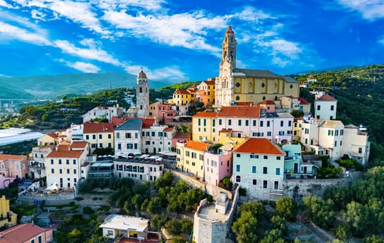 Aerial view of the village of Cervo on the Italian Riviera in the province of Imperia, Liguria, Italy