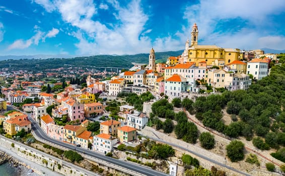 Aerial view of the village of Cervo on the Italian Riviera in the province of Imperia, Liguria, Italy