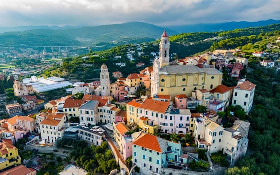 Aerial view of the village of Cervo on the Italian Riviera in the province of Imperia, Liguria, Italy
