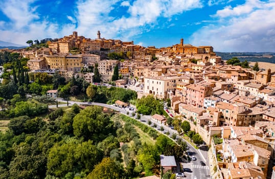 Aerial view of Montepulciano, a medieval and Renaissance hill town in the Italian province of Siena in southern Tuscany, Italy