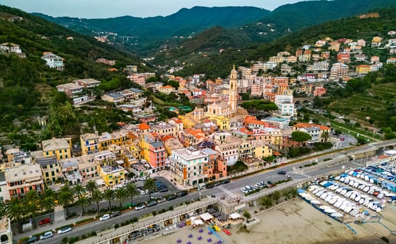 Aerial view of Moneglia, a tourist resort on the Riviera di Levante, Liguria, Italy