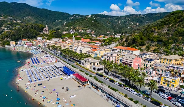 Aerial view of Moneglia, a tourist resort on the Riviera di Levante, Liguria, Italy