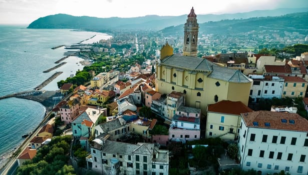 Aerial view of the village of Cervo on the Italian Riviera in the province of Imperia, Liguria, Italy