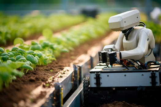 AI smart robotic farmers concept.Agriculture technology automation. AI generated