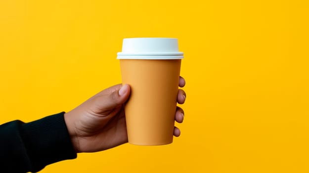 African american man holding paper coffee Coffee paper cup isolated on yellow background. AI generated