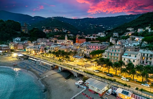 Aerial view of Moneglia, a tourist resort on the Riviera di Levante, Liguria, Italy