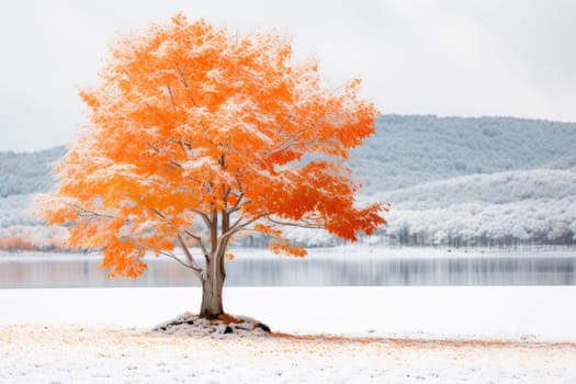 First snow in the autumn mountains with a single tree with orange leaves. AI generated