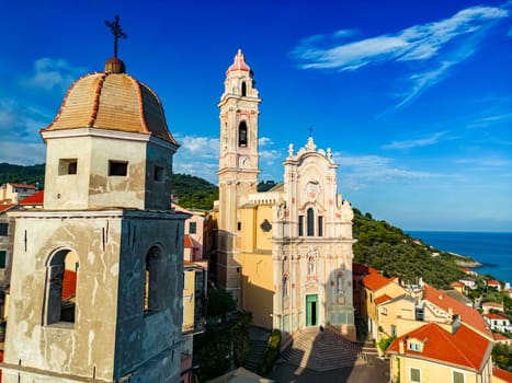 Aerial view of the village of Cervo on the Italian Riviera in the province of Imperia, Liguria, Italy
