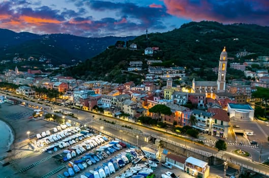Aerial view of Moneglia, a tourist resort on the Riviera di Levante, Liguria, Italy