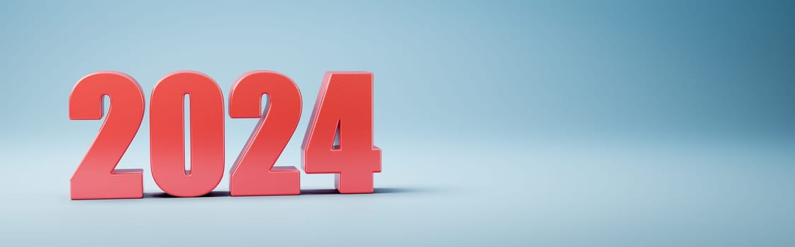 Red 2024 Year Number 3D Text on Blue Background with Copy Space 3D Illustration