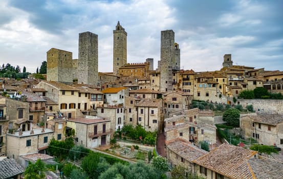 Aerial view of San Gimignano, a walled medieval hill town in the province of Siena, Tuscany, Italy