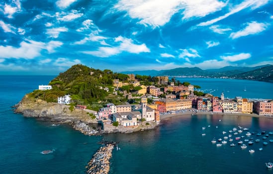 Aerial view of the Bay of Silence in Sestri Levante, Liguria, Italy