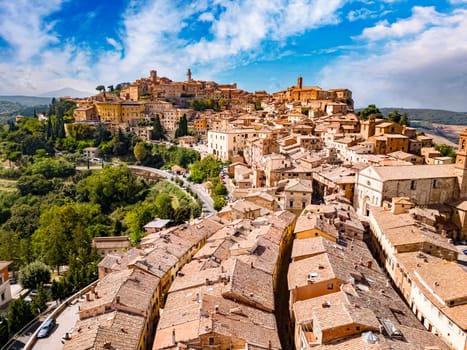 Aerial view of Montepulciano, a medieval and Renaissance hill town in the Italian province of Siena in southern Tuscany, Italy