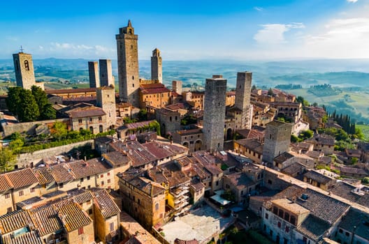 Aerial view of San Gimignano, a walled medieval hill town in the province of Siena, Tuscany, Italy