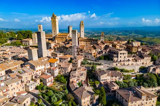 Aerial view of San Gimignano, a walled medieval hill town in the province of Siena, Tuscany, Italy