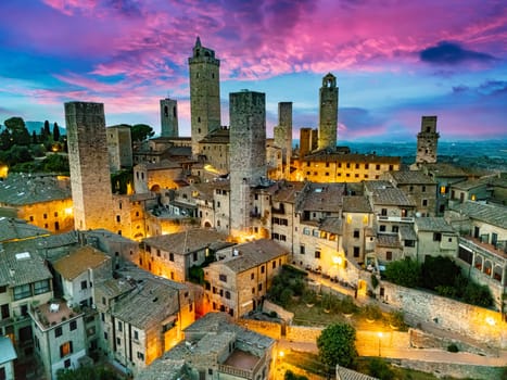 Aerial view of San Gimignano, a walled medieval hill town in the province of Siena, Tuscany, Italy