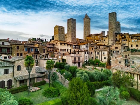 Aerial view of San Gimignano, a walled medieval hill town in the province of Siena, Tuscany, Italy