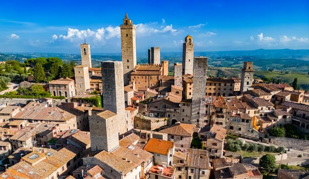 Aerial view of San Gimignano, a walled medieval hill town in the province of Siena, Tuscany, Italy