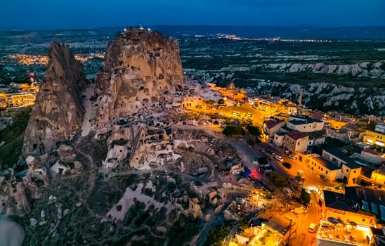 View of Uchisar Castle in Nevsehir Province in Cappadocia, Turkey after sunset