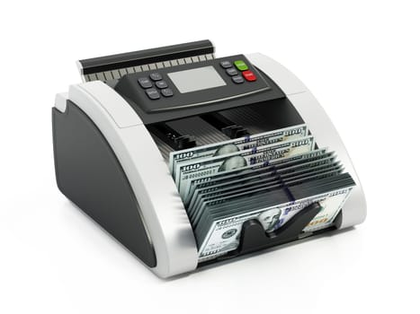 Money counter machine with 100 dollar bills isolated on white background. 3D illustration.