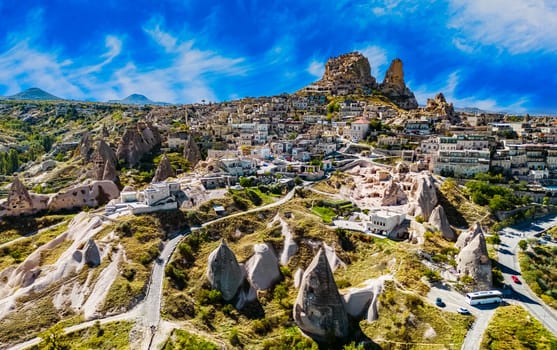 View of Uchisar Castle in Nevsehir Province in Cappadocia, Turkey.