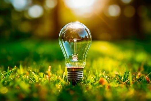 Eco friendly energy concept - light bulb in the grass against sun light. AI generated