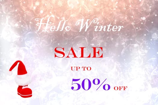 Hello winter sales with discount up to 50% off.  Texture with santa claus boots and lettering on abstract background. Card, flyer, banner and promotion concept.